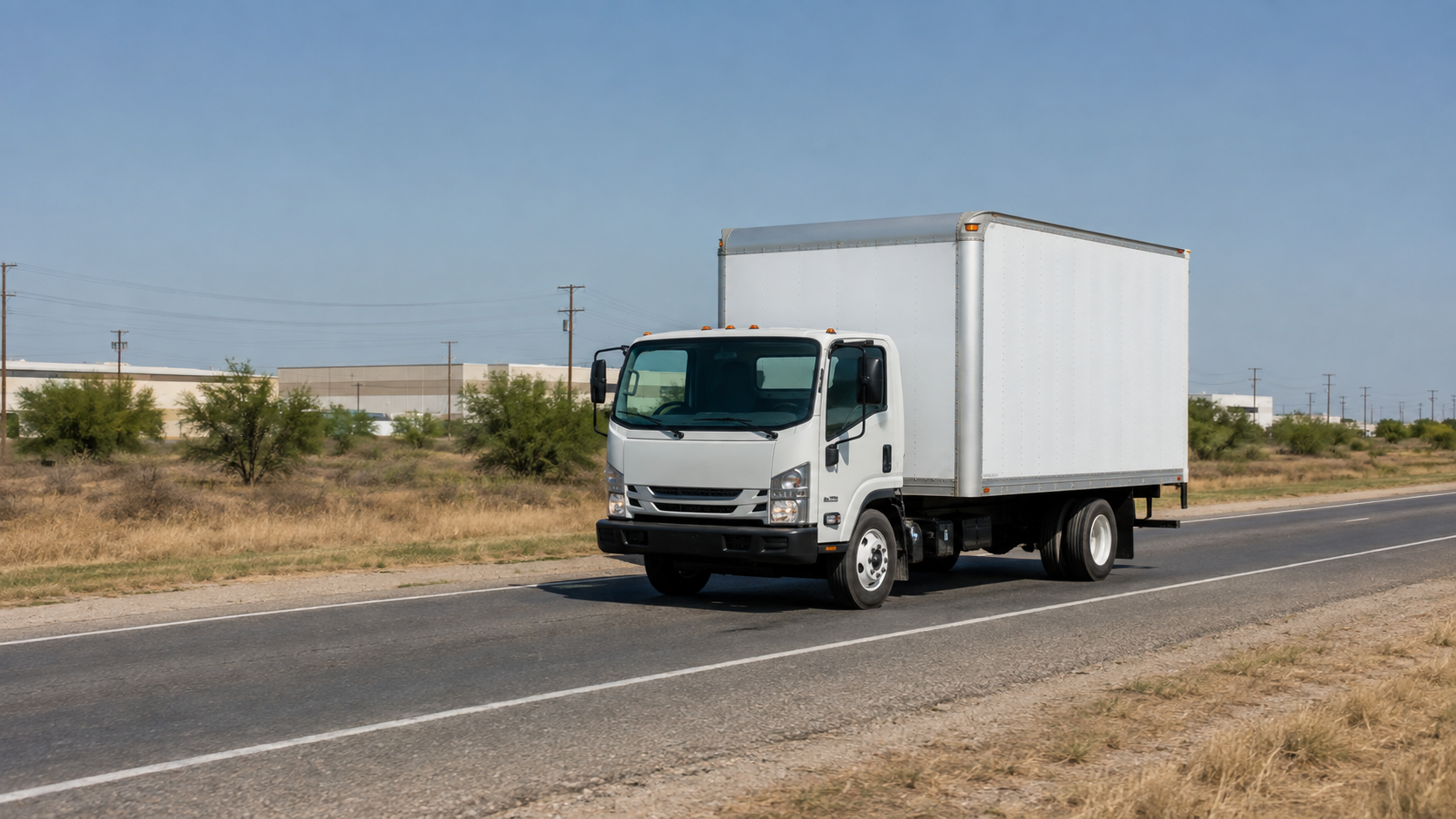 Unbranded cargo truck traveling on a Texas industrial road