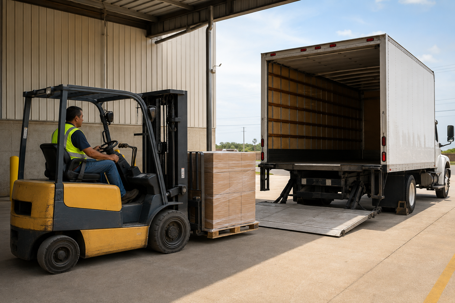 Warehouse forklift transferring freight near an unbranded box truck at a loading dock